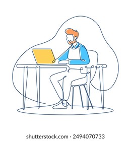 Businessman Sitting Working in Workspace Using Laptop Filled Continuous Line Art Vector