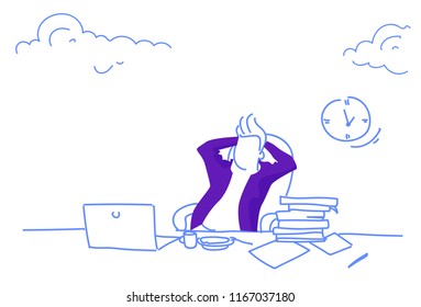 businessman sitting workplace coffee lunch break relax concept business man hands behind head portrait horizontal sketch doodle vector illustration