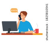 businessman sitting at workplace desk front view business man using computer while talking on landline phone working process concept creative office interior flat horizontal