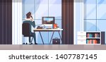 businessman sitting at workplace desk rear view business man using computer while talking on landline phone working process concept creative office interior flat horizontal