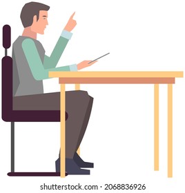 Businessman sitting at workplace and holding digital tablet PC. Portrait of businessman in flat style. Male employee of business company working with tablet computer isolated on white background