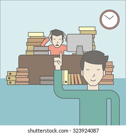Empresario sentado en el lugar de trabajo en el cargo y mirando al jefe apuntando a reloj. Concepto de plazo. Ilustración de diseño de línea de vector. Diseño cuadrado.