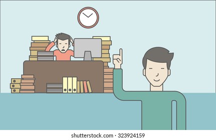 Businessman sitting at workplace in office and looking at boss pointing at clock. Deadline concept. Vector line design illustration. Horizontal layout with a text space.