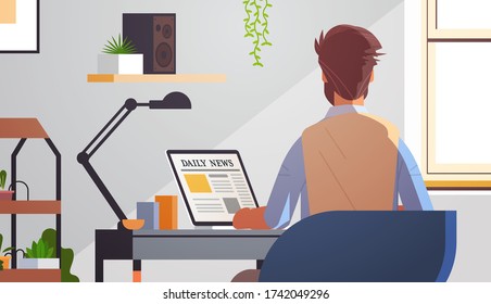 businessman sitting at workplace reading daily news articles on laptop screen online newspaper press mass media concept office interior horizontal rear view portrait vector illustration