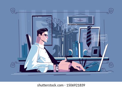 Businessman sitting at workplace vector illustration. Man in biz suit and glasses working with computer in cabinet flat style concept. Modern office interior