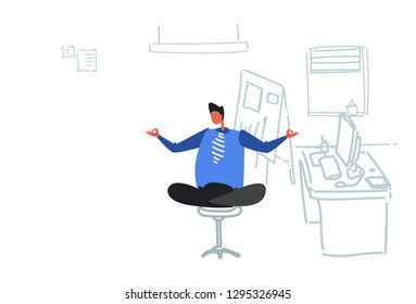 Businessman Sitting Yoga Lotus Pose Relaxing Meditation Concept Business Man Doing Exercises Workplace Office Interior Flat Doodle Horizontal