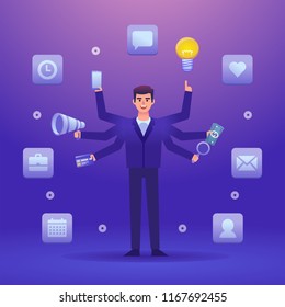 Businessman With Six Hands Holding Multiple Things At The Same Time. Multitasking, Efficient Business Worker Concept. Colorful Design Vector Illustration