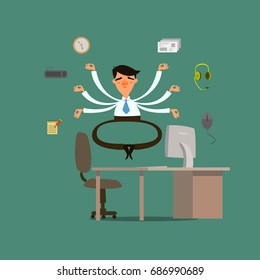 A businessman with six hands meditates. Vector illustration.