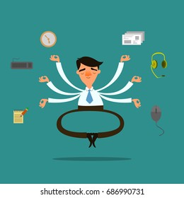 A businessman with six hands meditates. Vector illustration.