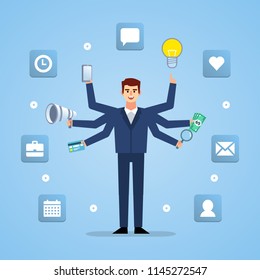 Businessman with six hands performs various actions simultaneously. Multitasking, modern businessman. Flat design vector illustration