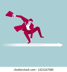 Businessman skateboarding on the arrow. Isolated on blue background.