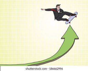 a businessman skateboarding on a green arrow pointing up