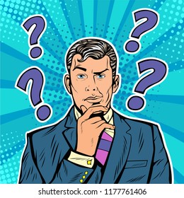 Businessman skeptical facial expressions face with question marks upon his head. Pop art retro vector illustration in comic style