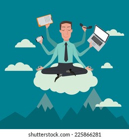 Businessman In The Sky Position Meditating In Peace For Any Spiritual And Inner Peace Business Concepts,vector Illustration.