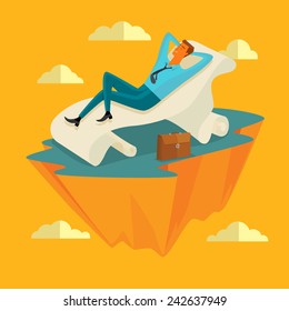 Businessman In The Sky Position Sleep On A Long Sheet Of Paper In Peace For Any Spiritual And Inner Peace Business Concepts,vector Illustration.