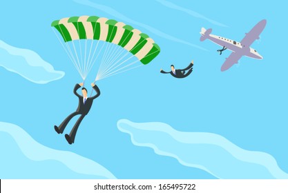 A Businessman Skydiving From A Plane And Opening His Parachute