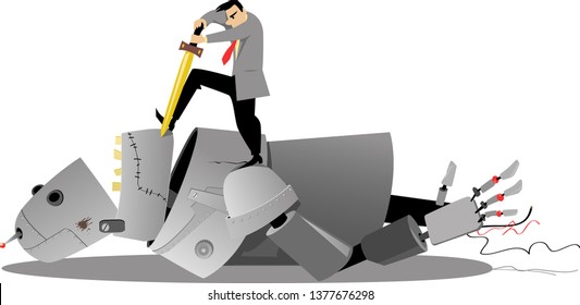 Businessman slaying a giant robot, EPS 8 vector illustration