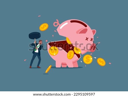 Businessman with sledgehammer about to break pink piggy bank to find money. Flat vector illustration.