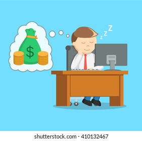 businessman sleep at work and dreaming of money