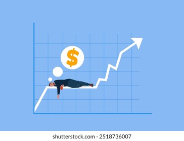 Businessman sleeping atop on growing graph. Success investment. Make money from cryptocurrency. Modern vector illustration in flat style