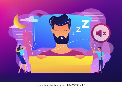 Businessman Sleeping In Bed And Snoring, Angry Awake Tiny People Listening. Night Snoring, Sleep Apnea Syndrome, Snoring And Apnea Treatment Concept. Bright Vibrant Violet Vector Isolated Illustration