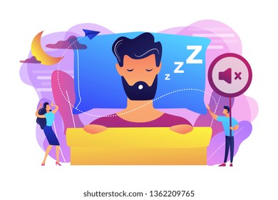 Businessman sleeping in bed and snoring, angry awake tiny people listening. Night snoring, sleep apnea syndrome, snoring and apnea treatment concept. Bright vibrant violet vector isolated illustration