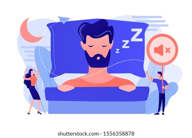 Businessman sleeping in bed and snoring, angry awake tiny people listening. Night snoring, sleep apnea syndrome, snoring and apnea treatment concept. Pinkish coral bluevector isolated illustration