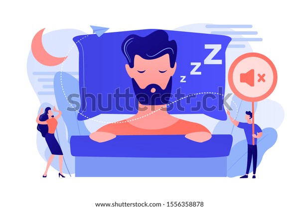 ベッドで寝ていびきをかき 怒って目を覚ます小さな人々が耳を傾けている 夜のいびき 睡眠時無呼吸症候群 いびき 無呼吸の治療のコンセプト ピンクがかったサンゴの青いベクター画像分離イラスト のベクター画像素材 ロイヤリティフリー