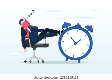 Businessman sleeping lay down on office chair and alarm clock covered his face with book, afternoon slump, laziness and procrastination postpone work to do later, boredom and sleepy work (Vector) 