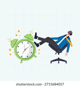 Businessman sleeping lay down on office chair and alarm clock covered his face with book