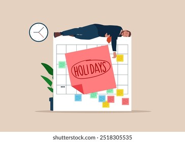 Businessman sleeping on big calendar. Long holidays or vacation. Modern flat vector illustration