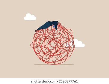 Businessman sleeping on big chaos. Sources of the problem with sleep. Modern flat vector illustration