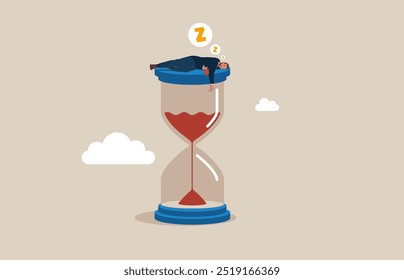 Businessman sleeping on big hourglass. Symbol of time pressure, countdown. Set time to rest. Modern flat vector illustration