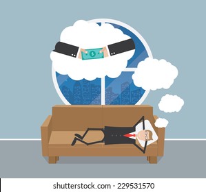 Businessman sleeping on couch and thinks about money