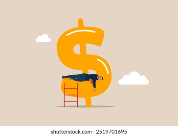 Businessman sleeping on growing dollar sign. Financial success. Business, Company, Funds, gold. Modern flat vector illustration