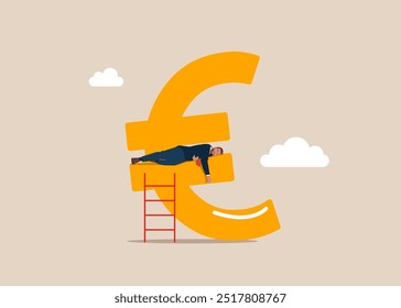 Businessman sleeping on growing euro sign. Financial success. Business, Company, Funds, gold. Modern flat vector illustration