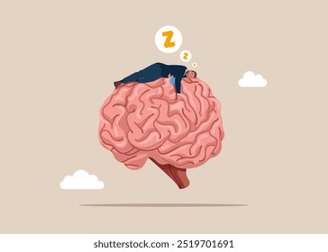 Businessman sleeping on ineffective human brain. Confusion problem or doubt, lost in trouble or complexity, misunderstanding. Modern flat vector illustration