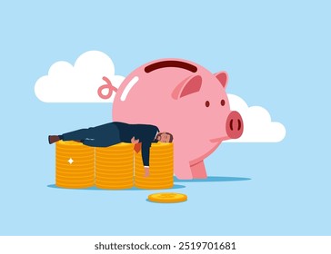 Businessman sleeping on a pile of coins and a piggy bank. Finance, saving money.  Modern flat vector illustration