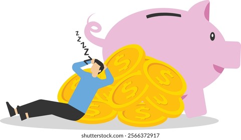 Businessman sleeping on a pile of coins and a piggy bank. Finance, saving money. Modern flat vector illustration

