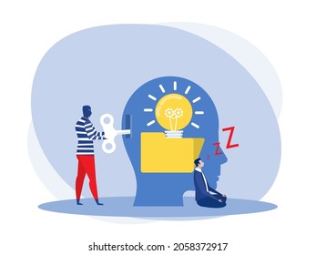 businessman sleeping or Tired creating an idea with Man steal idea from unlock a bulb concept Vector flat illustration.