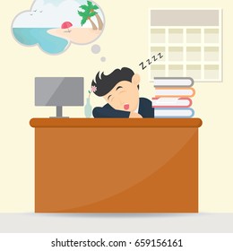 businessman sleeping at work and dream vacation cartoon vector illustration
