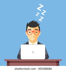 Businessman sleeping at work. Man asleep at desk. Taking a nap concept. Flat design vector illustration