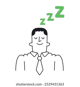 Hombre de negocios durmiendo con símbolos "zzz" sobre su cabeza. Ilustración de relajación y descanso en un entorno profesional. Equilibrio entre la vida laboral y personal y alivio del estrés. Ilustración Doodle - trazo editable.