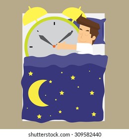 businessman sleeps with alarm clock. vector