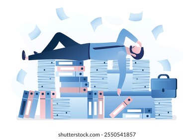 Businessman sleeps during working hours on piles of paper documents around him. The concept of procrastination and wasting time. Overwork, burnout. Break time. Stress at work. Bureaucracy, paperwork.