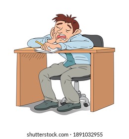 A businessman sleeps on a desk in a office, illustration vector cartoon