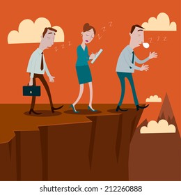 Businessman sleepwalking off a cliff.