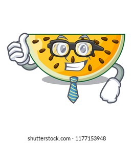Businessman sliced yellow watermelon on character cartoon