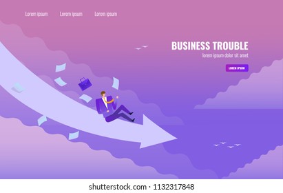 Businessman slide down from arrow on the sky. Business trouble concept. flat design vector illustration