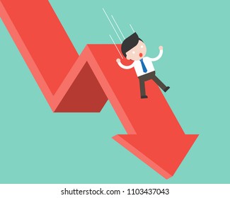 Businessman slide and falling with falling down arrow, business failure flat design concept